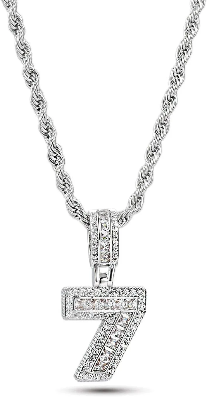 0 to 9 Lucky Number Pendant Necklaces for Women Men Family Birthday Mum Daughter Silver Tone Crystal Clear Cubic Zirconia