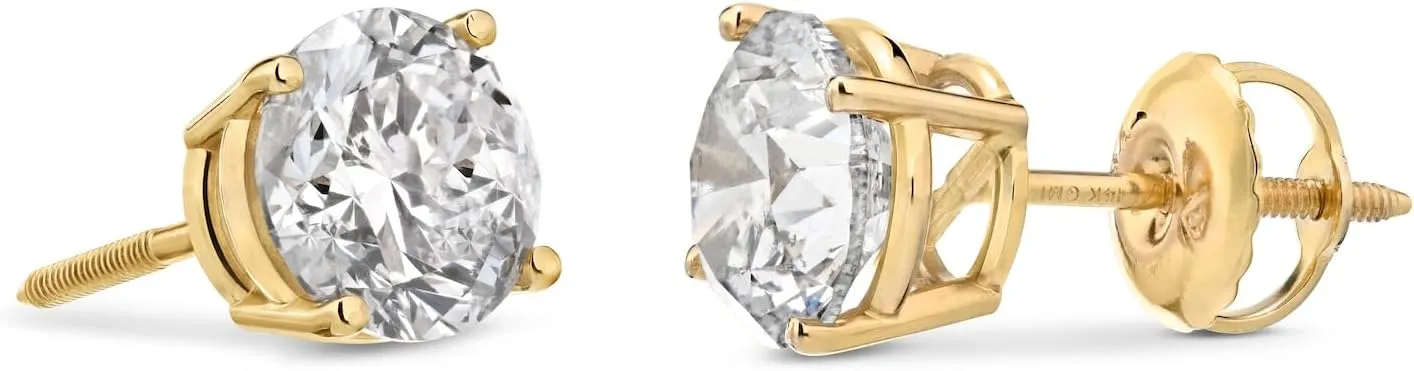 0.20-2.00 cttw Certified NATURAL Diamond Stud Earrings for Women 14 Karat Gold Earrings 4 Prong Setting with Screw Back Studs Fine Jewelry