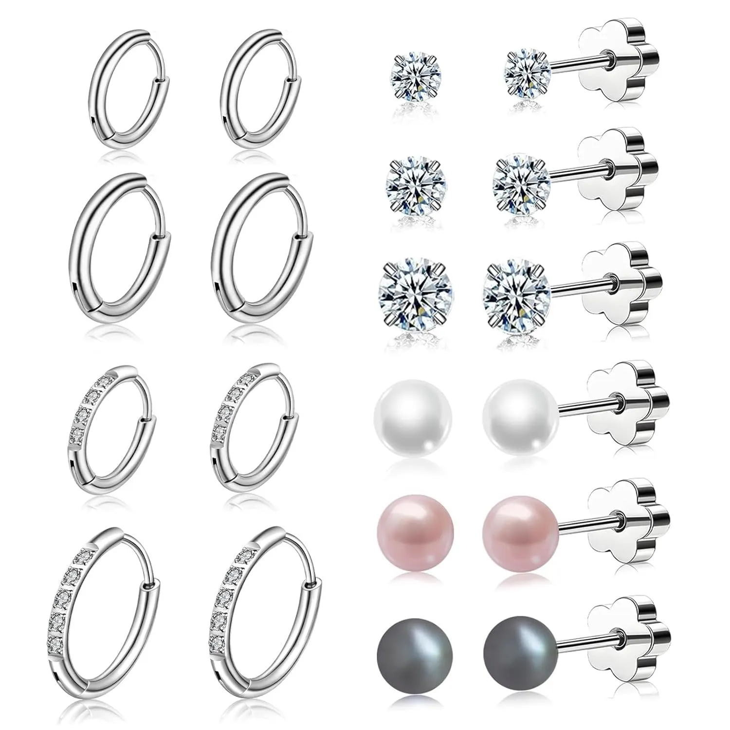 10 Pairs Small Silver Hoop Earrings for Women Hypoallergenic Surgical Stainless Steel Earrings Sets for Multiple Piercing Flat Back Stud Earrings for Cartilage Helix with Pearl & Cubic Zirconia