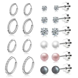 10 Pairs Small Silver Hoop Earrings for Women Hypoallergenic Surgical Stainless Steel Earrings Sets for Multiple Piercing Flat Back Stud Earrings for Cartilage Helix with Pearl & Cubic Zirconia