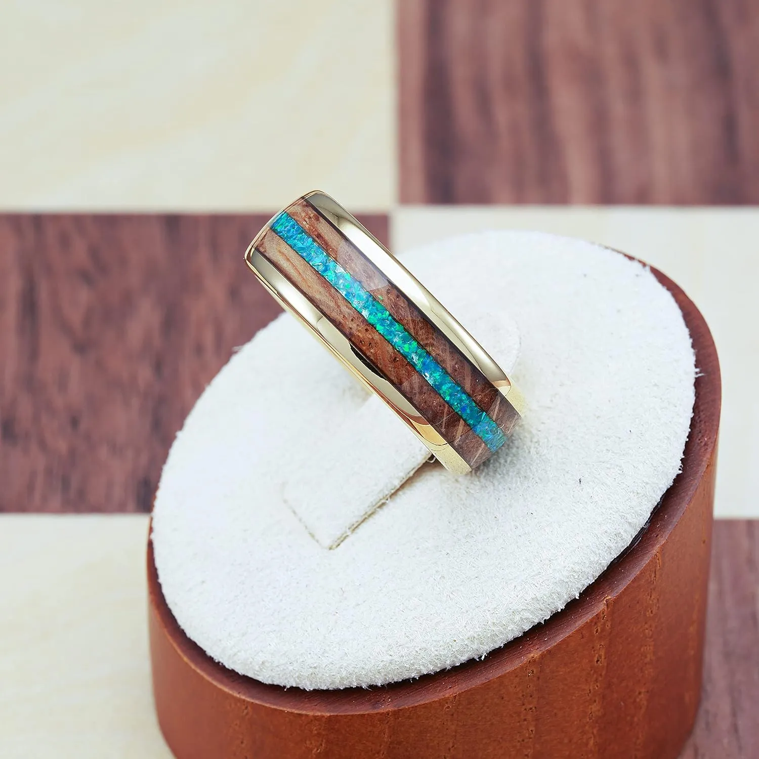 100S JEWELRY 14k Gold Tungsten Rings For Men Whiskey Barrel & Green Opal Wedding Promise Engagement Band Size 6-16