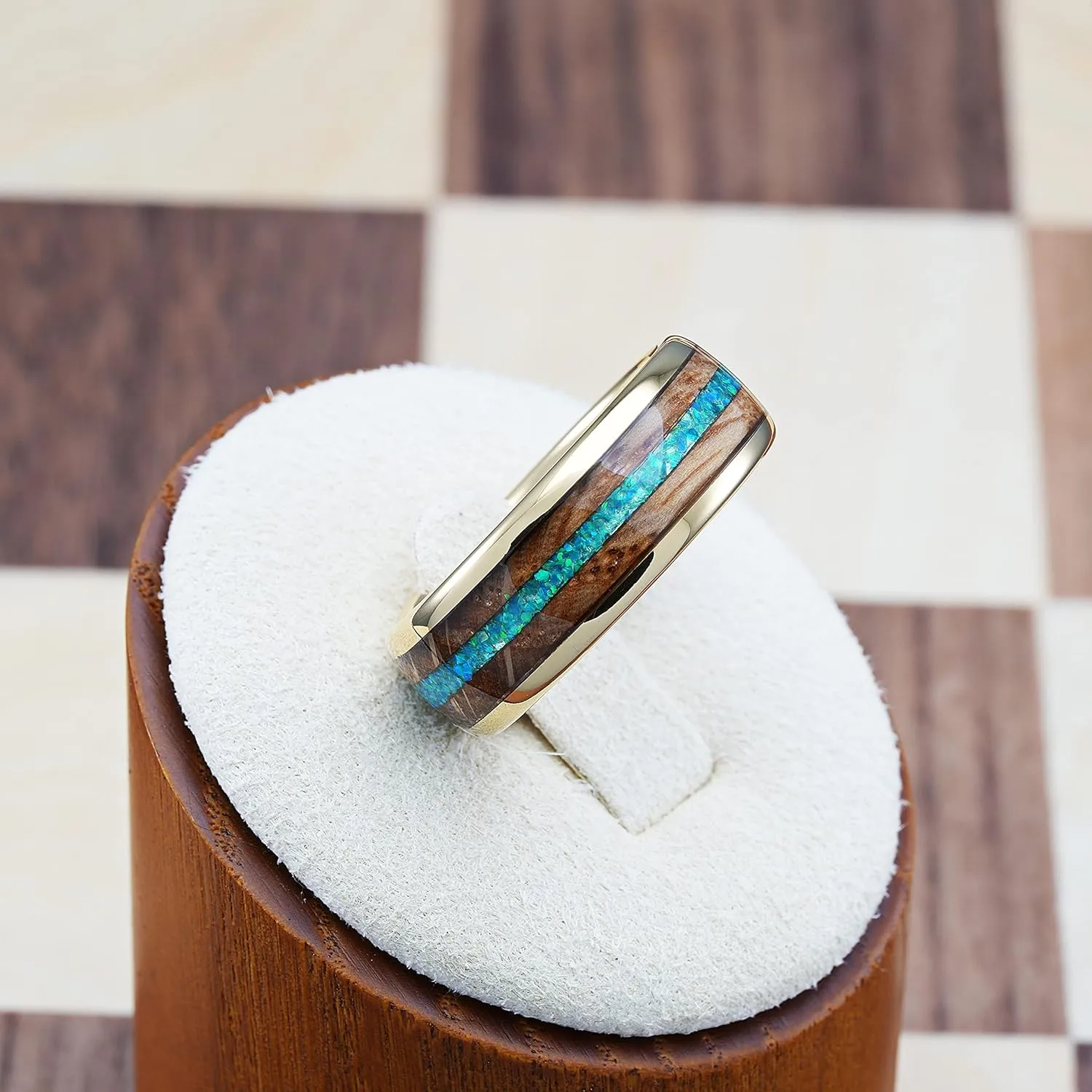100S JEWELRY 14k Gold Tungsten Rings For Men Whiskey Barrel & Green Opal Wedding Promise Engagement Band Size 6-16