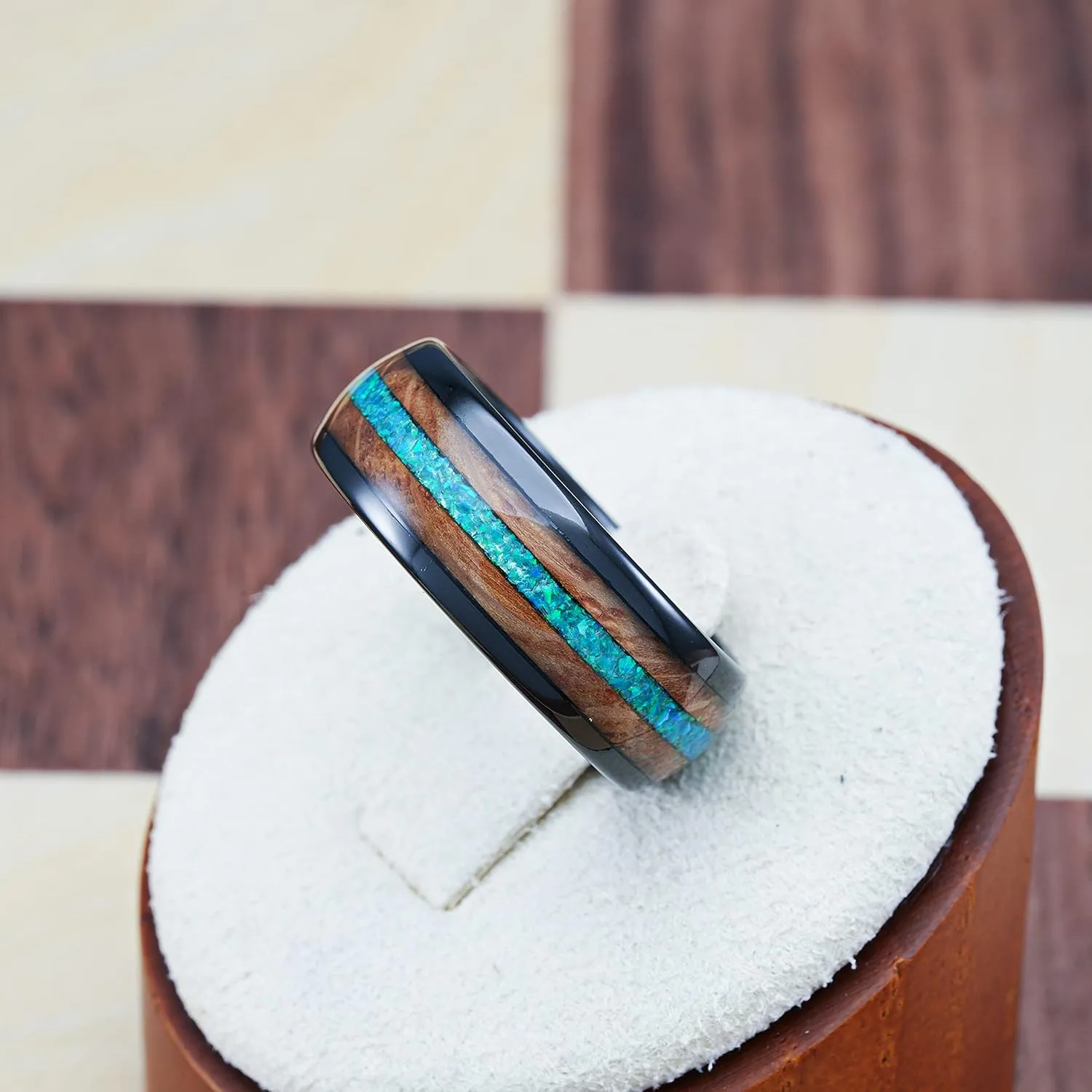 100S JEWELRY Black Tungsten Rings For Men Whiskey Barrel & Green Opal Wedding Promise Engagement Band Size 6-16