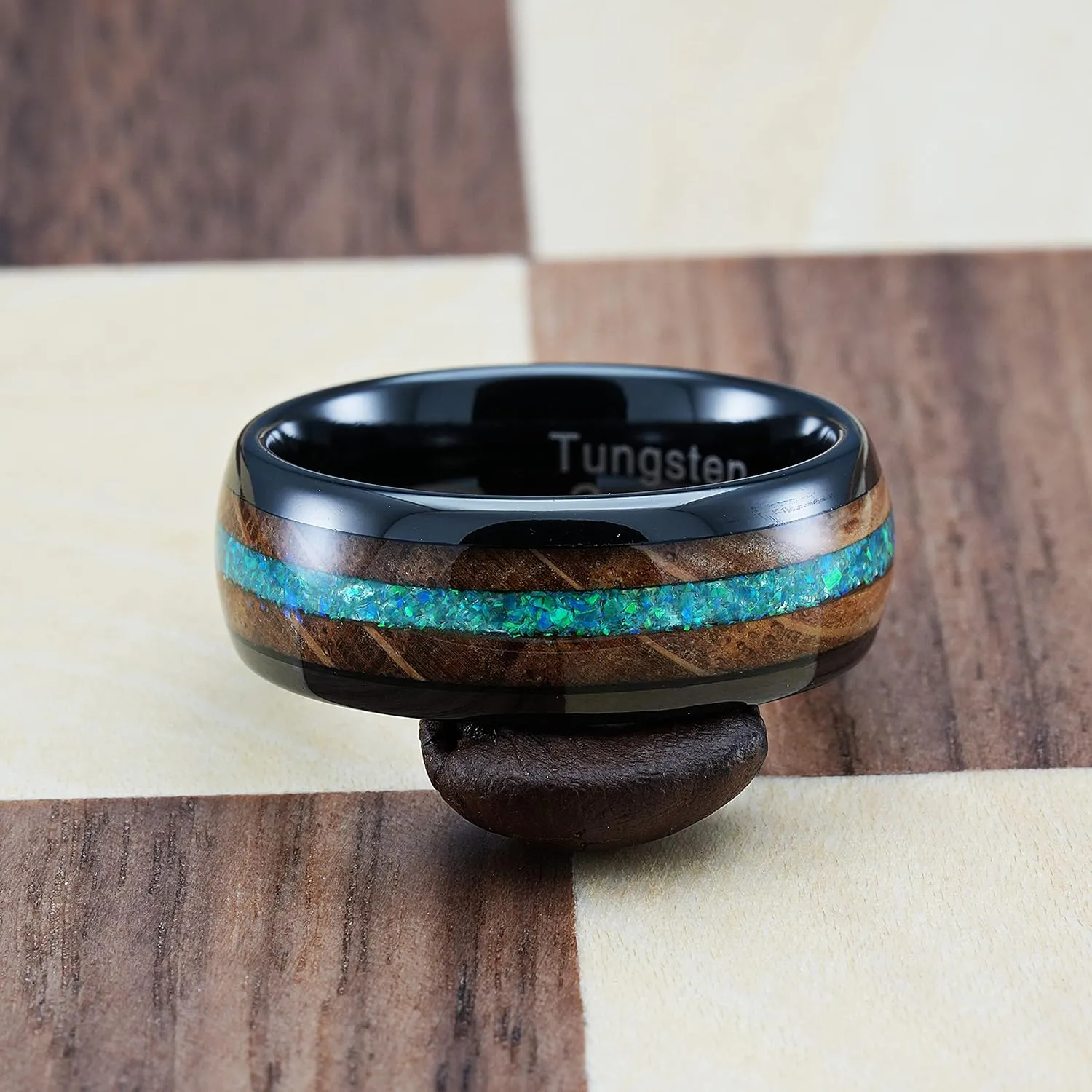 100S JEWELRY Black Tungsten Rings For Men Whiskey Barrel & Green Opal Wedding Promise Engagement Band Size 6-16