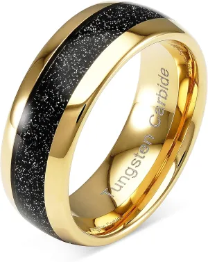 100S JEWELRY Custom Tungsten Ring for Men Wedding Band Black Sandstone Inlaid Gold Dome Size 6-16