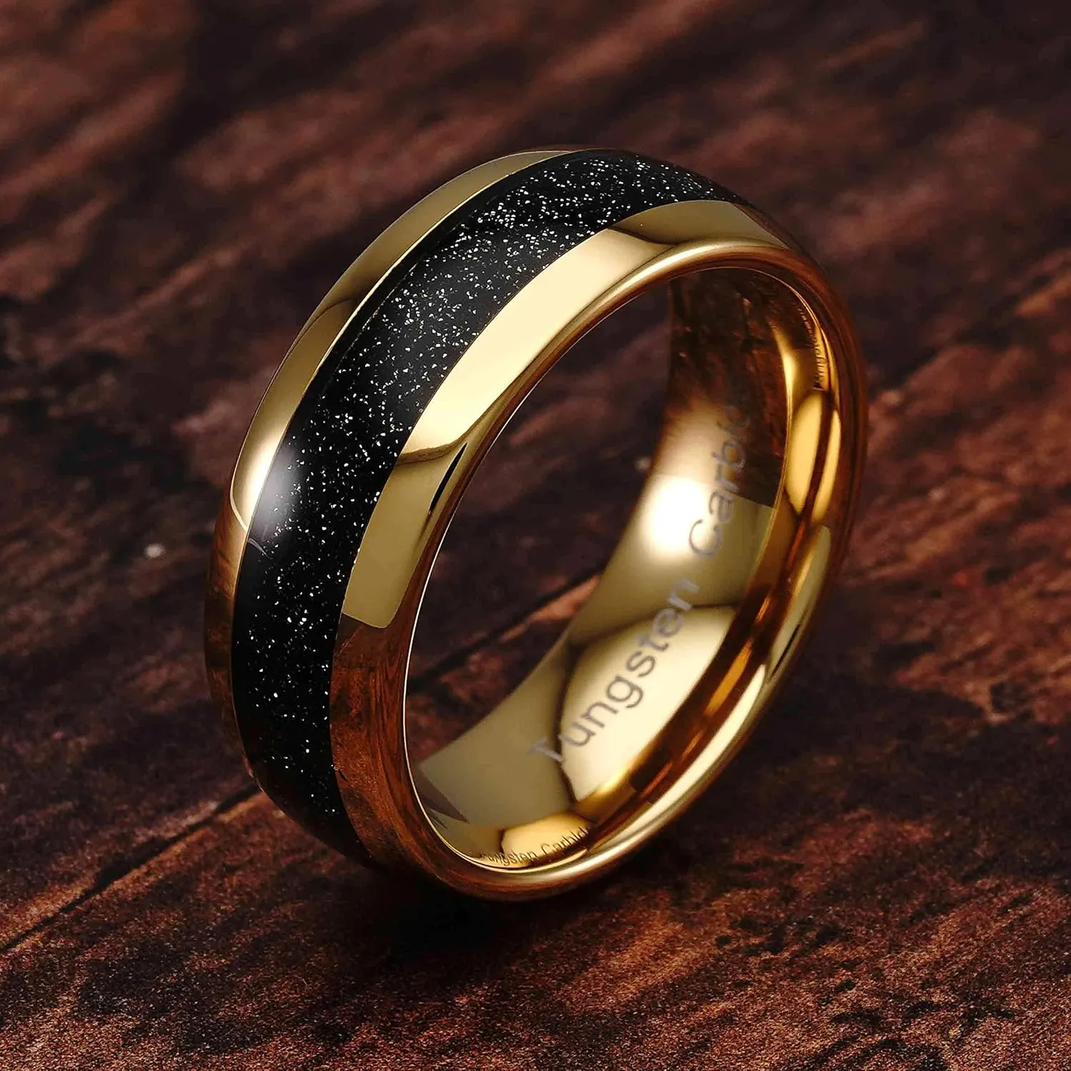 100S JEWELRY Custom Tungsten Ring for Men Wedding Band Black Sandstone Inlaid Gold Dome Size 6-16