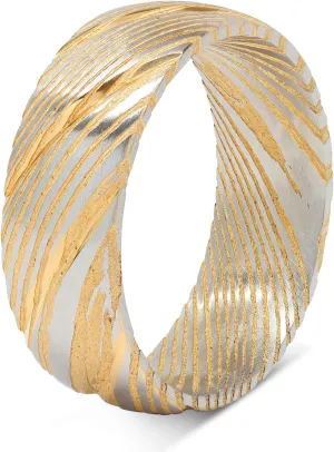 100S JEWELRY Damascus Steel Ring Men Wedding Band Two Tone Gold Silver Dome Comfort Fit Size 8-16