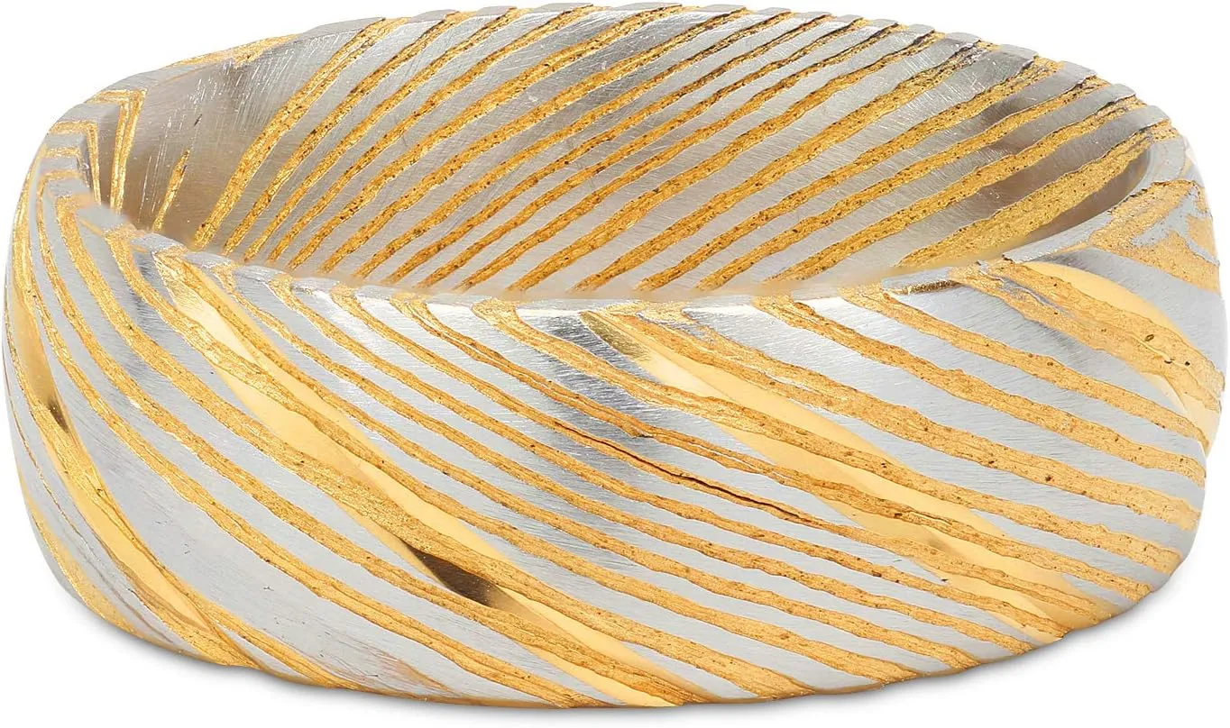 100S JEWELRY Damascus Steel Ring Men Wedding Band Two Tone Gold Silver Dome Comfort Fit Size 8-16