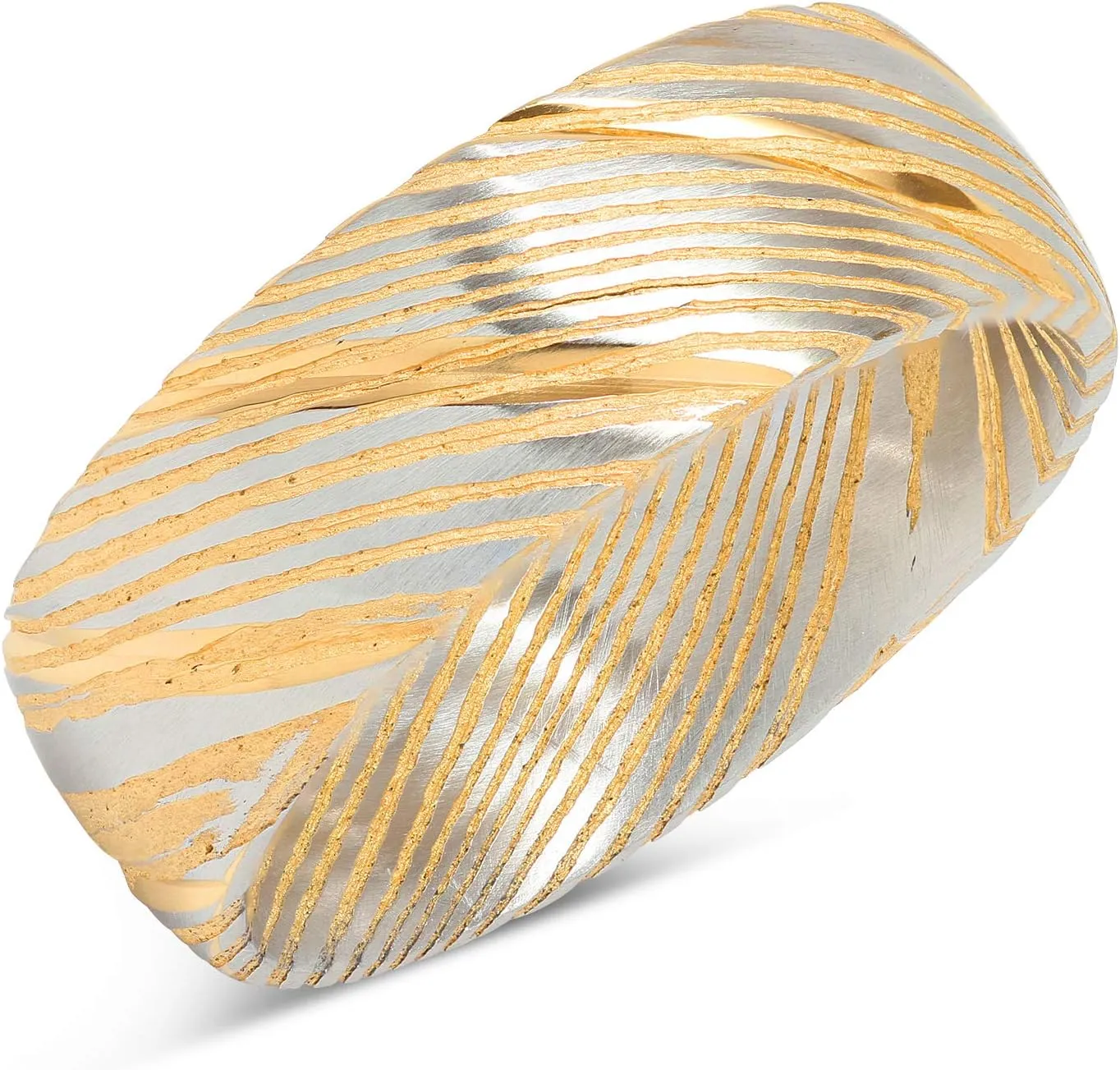 100S JEWELRY Damascus Steel Ring Men Wedding Band Two Tone Gold Silver Dome Comfort Fit Size 8-16
