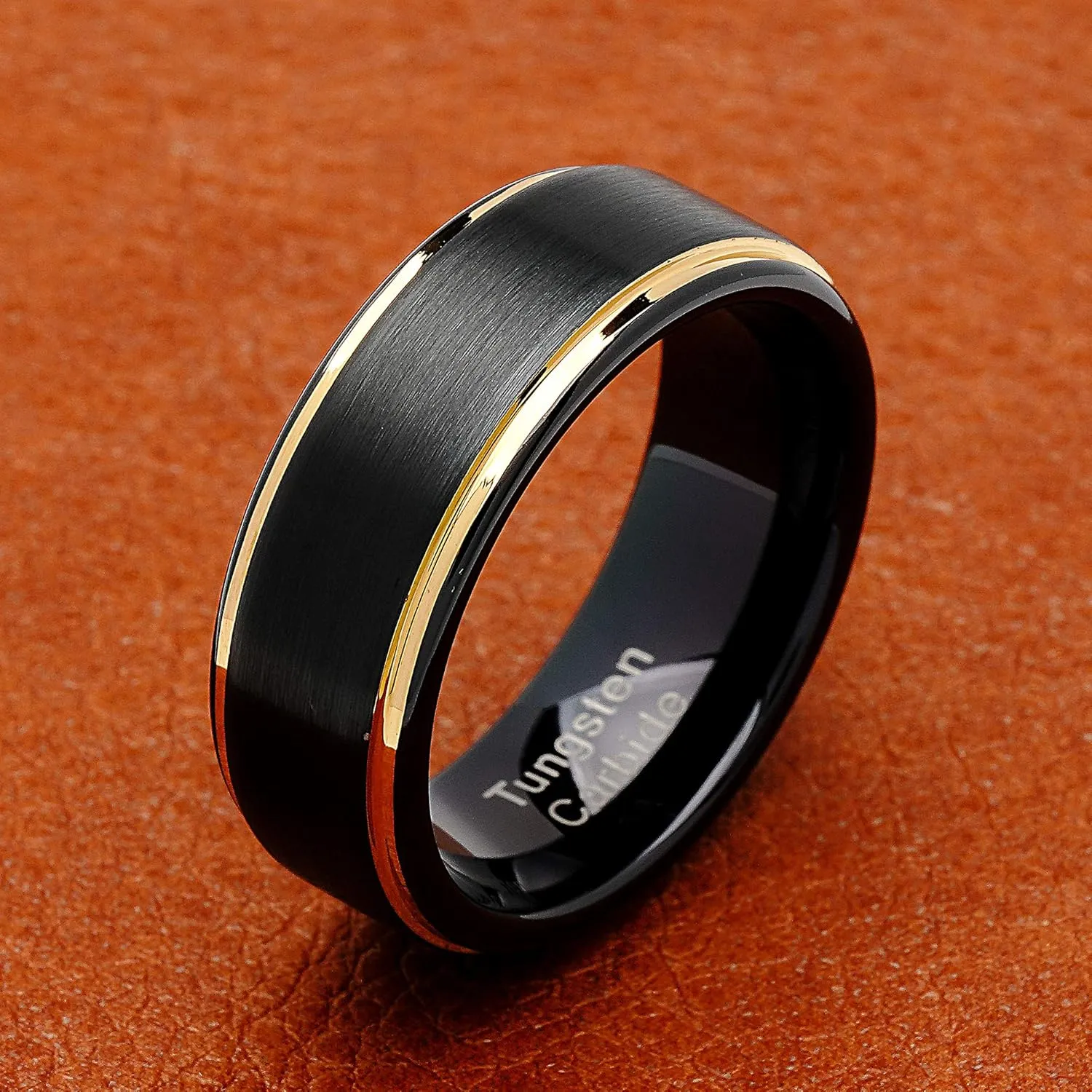 100S JEWELRY Engraved Personalized Black Tungsten Rings For Men Wedding Band Gold Step Edge Size 6-16