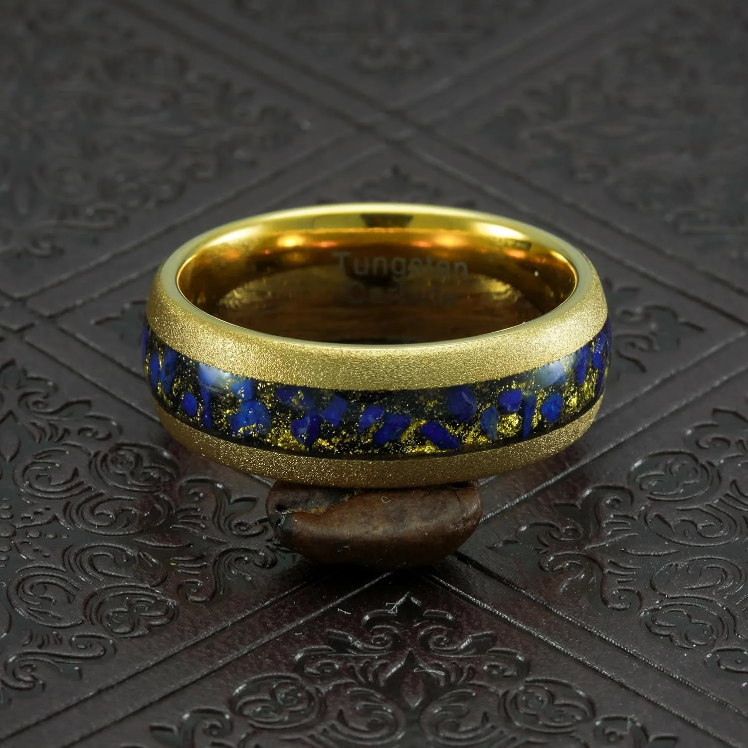 100S JEWELRY Gold Sandblast Tungsten Rings For Men Lapis Lazuli Inlay Wedding Promise Band Size 6-16
