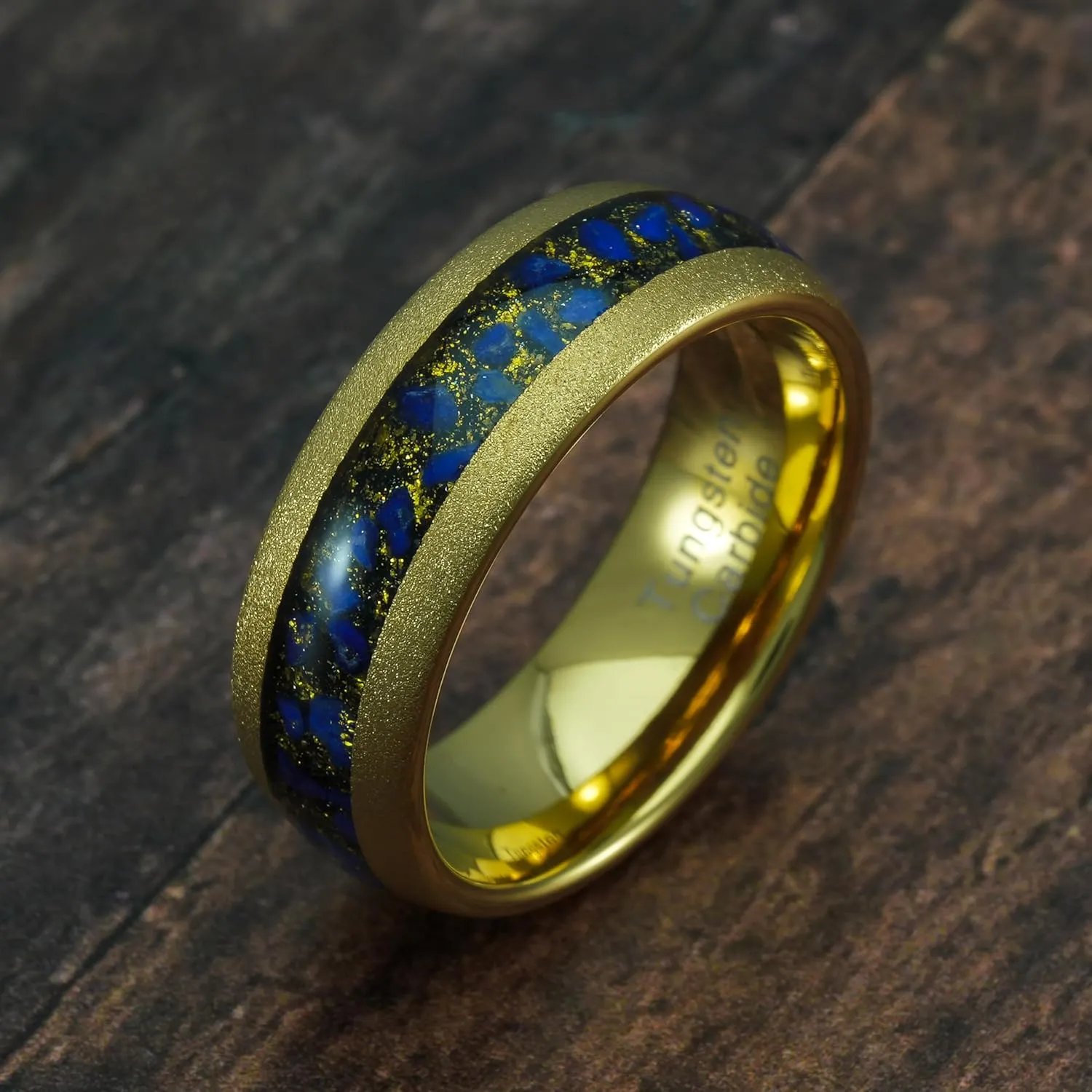 100S JEWELRY Gold Sandblast Tungsten Rings For Men Lapis Lazuli Inlay Wedding Promise Band Size 6-16