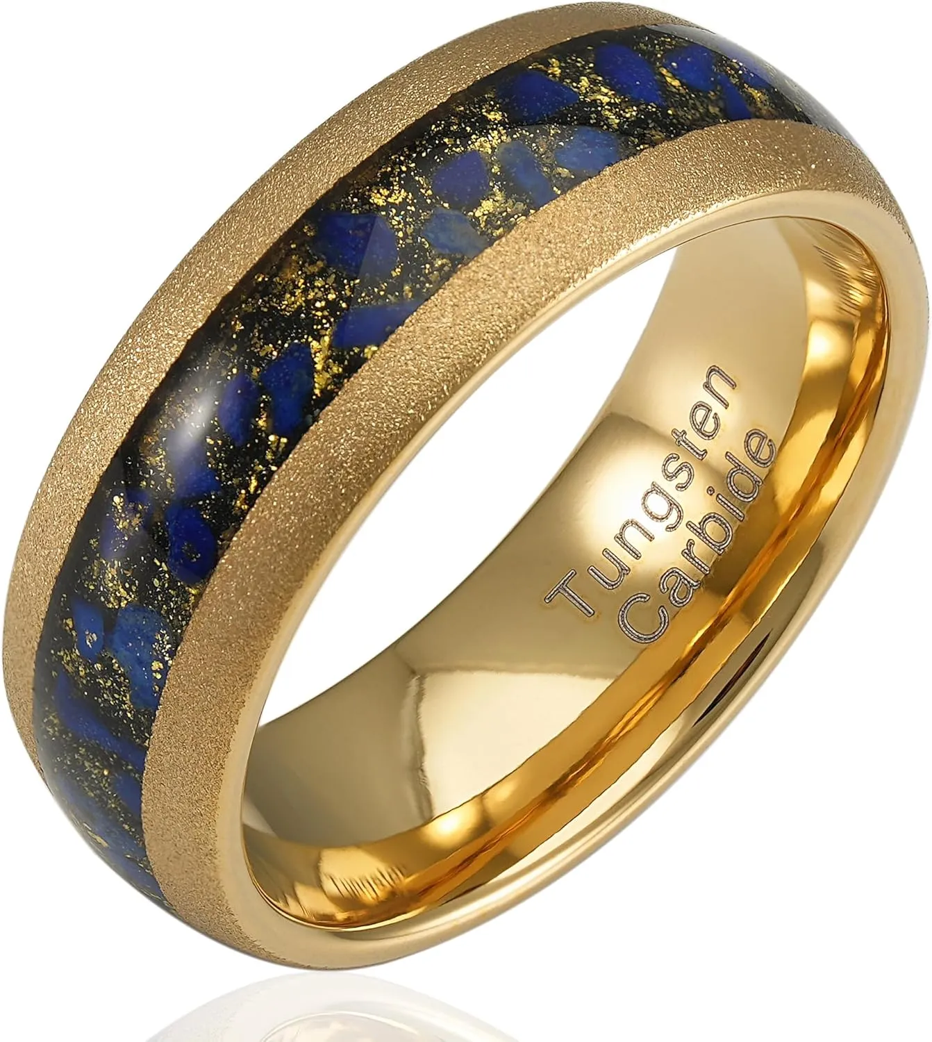 100S JEWELRY Gold Sandblast Tungsten Rings For Men Lapis Lazuli Inlay Wedding Promise Band Size 6-16
