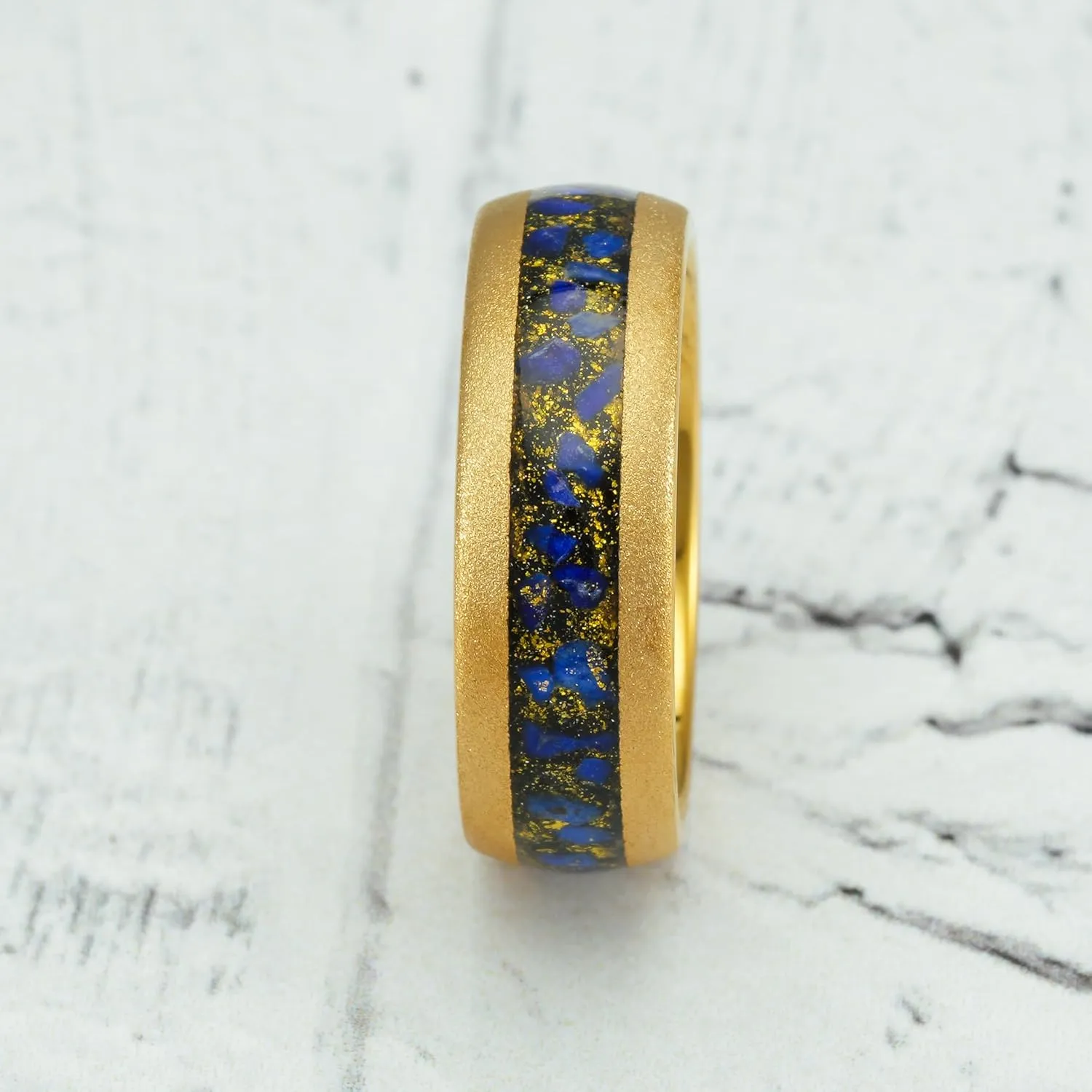100S JEWELRY Gold Sandblast Tungsten Rings For Men Lapis Lazuli Inlay Wedding Promise Band Size 6-16