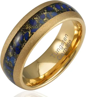 100S JEWELRY Gold Sandblast Tungsten Rings For Men Lapis Lazuli Inlay Wedding Promise Band Size 6-16
