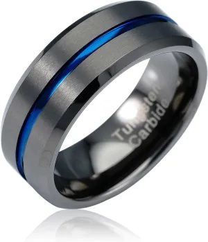 100S JEWELRY Gunmetal Gray Tungsten Ring for Men Blue Groove Line Wedding Band Promise Engagement Size 6-16
