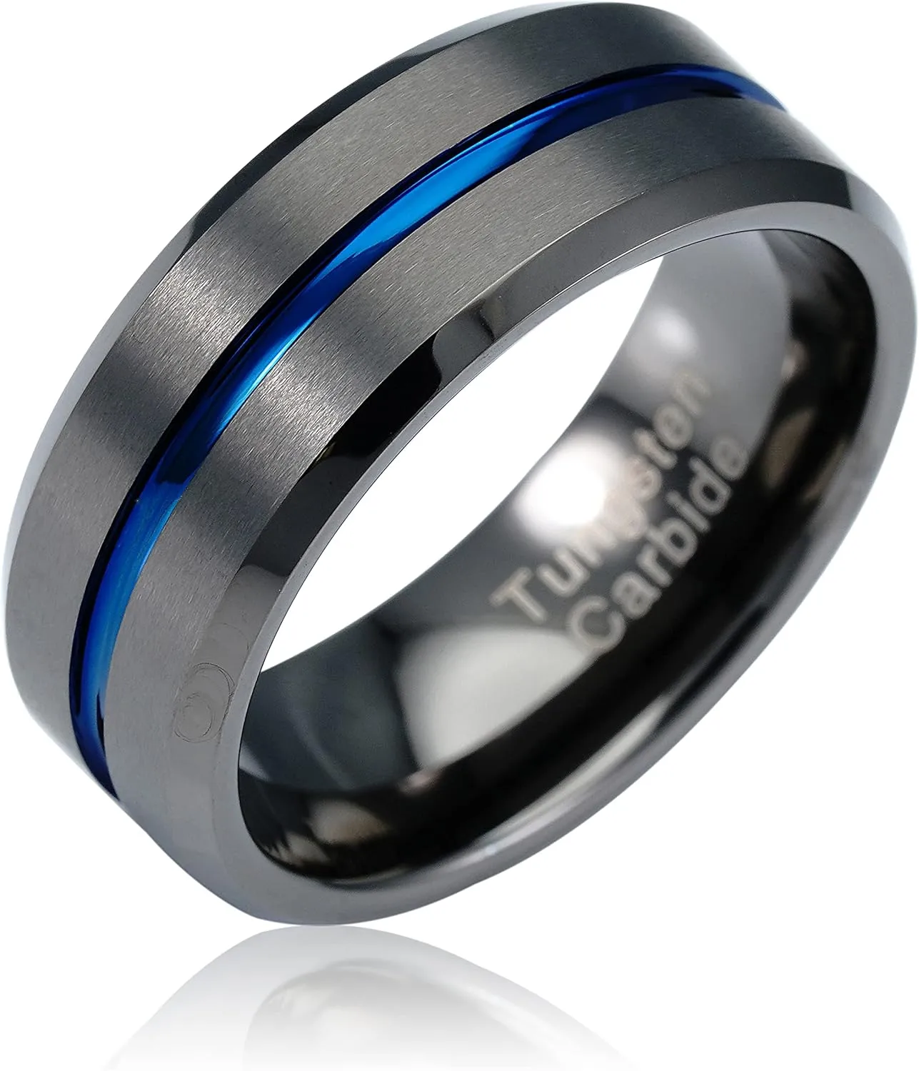 100S JEWELRY Gunmetal Gray Tungsten Ring for Men Blue Groove Line Wedding Band Promise Engagement Size 6-16