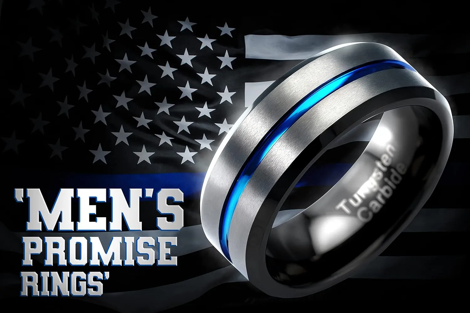 100S JEWELRY Gunmetal Gray Tungsten Ring for Men Blue Groove Line Wedding Band Promise Engagement Size 6-16