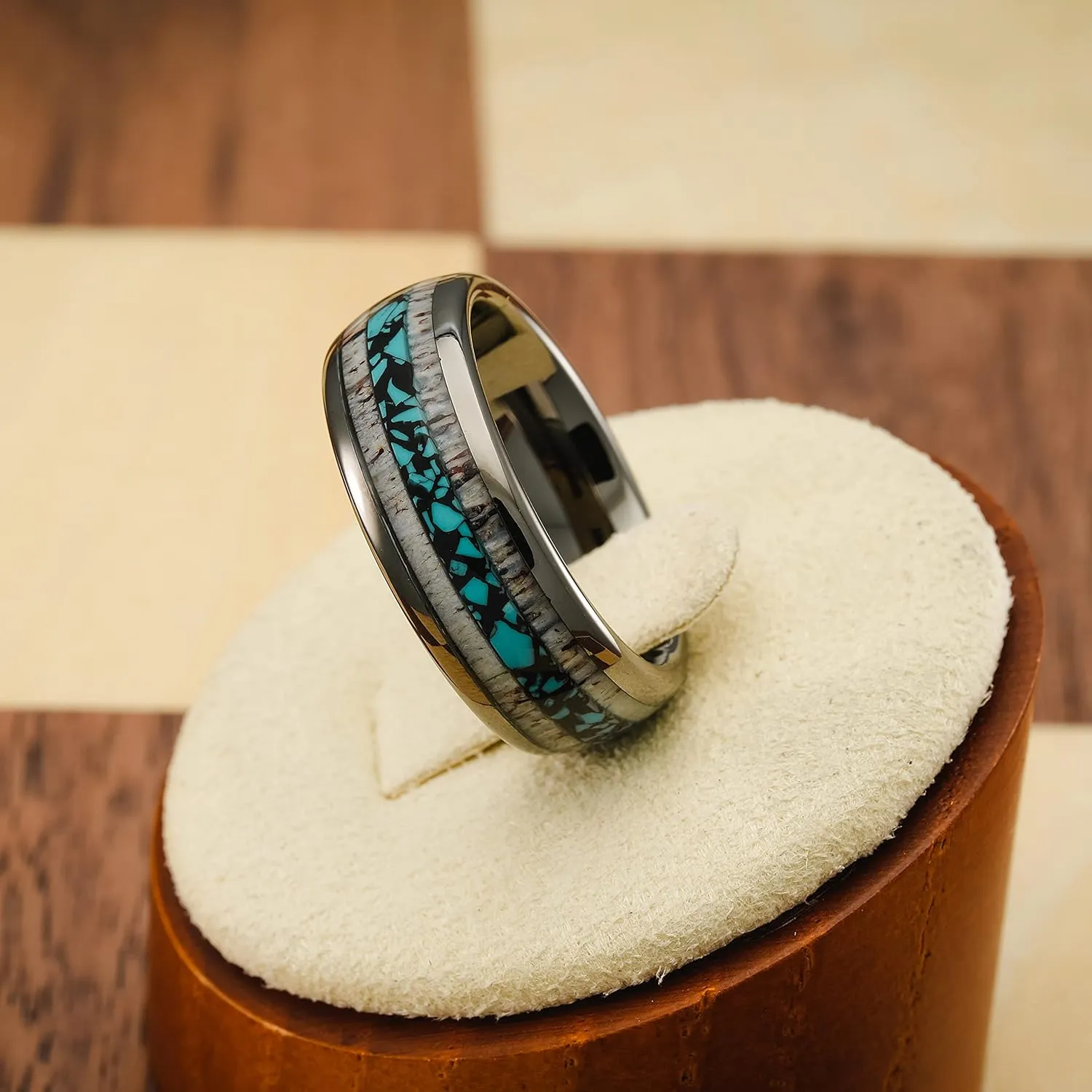 100S JEWELRY Gunmetal Gray Tungsten Rings For Men Turquoise & Elk Antler Inlay Wedding Promise Engagement Band Size 6-16