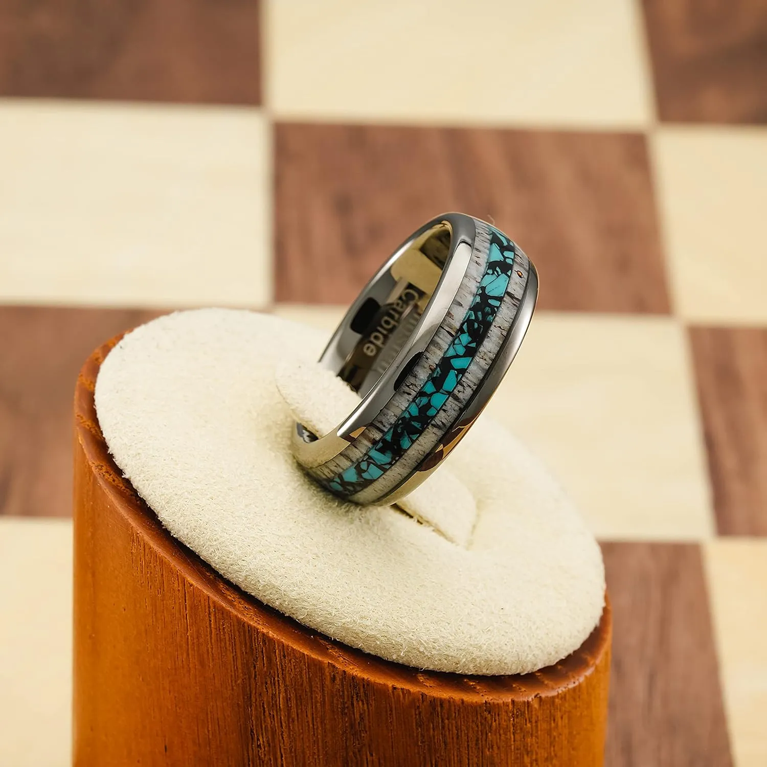100S JEWELRY Gunmetal Gray Tungsten Rings For Men Turquoise & Elk Antler Inlay Wedding Promise Engagement Band Size 6-16