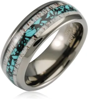 100S JEWELRY Gunmetal Gray Tungsten Rings For Men Turquoise & Elk Antler Inlay Wedding Promise Engagement Band Size 6-16