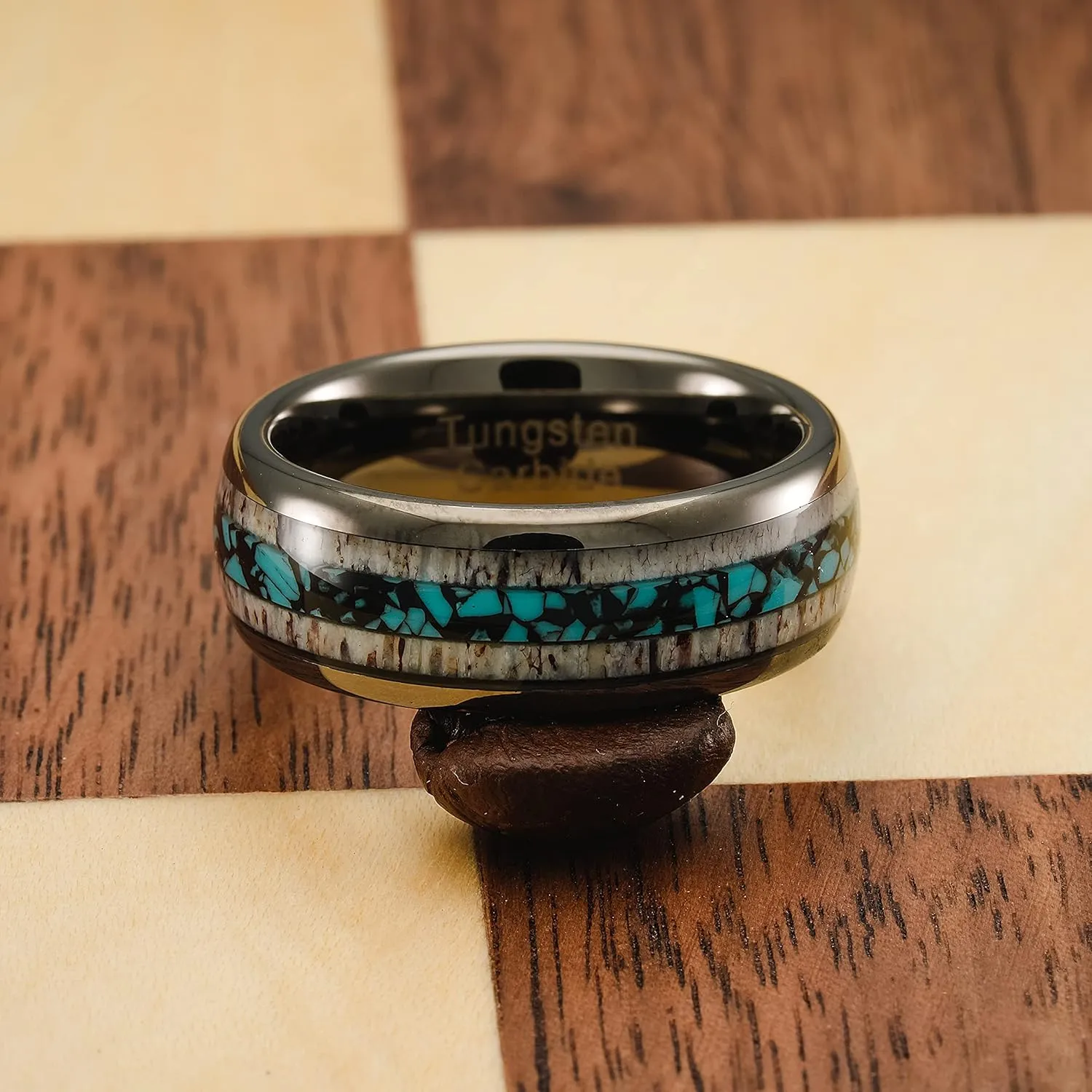 100S JEWELRY Gunmetal Gray Tungsten Rings For Men Turquoise & Elk Antler Inlay Wedding Promise Engagement Band Size 6-16