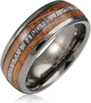 100S JEWELRY Gunmetal Gray Tungsten Rings For Men Whiskey Barrel Wood & Elk Antler Inlay Wedding Promise Engagement Band Size 6-16