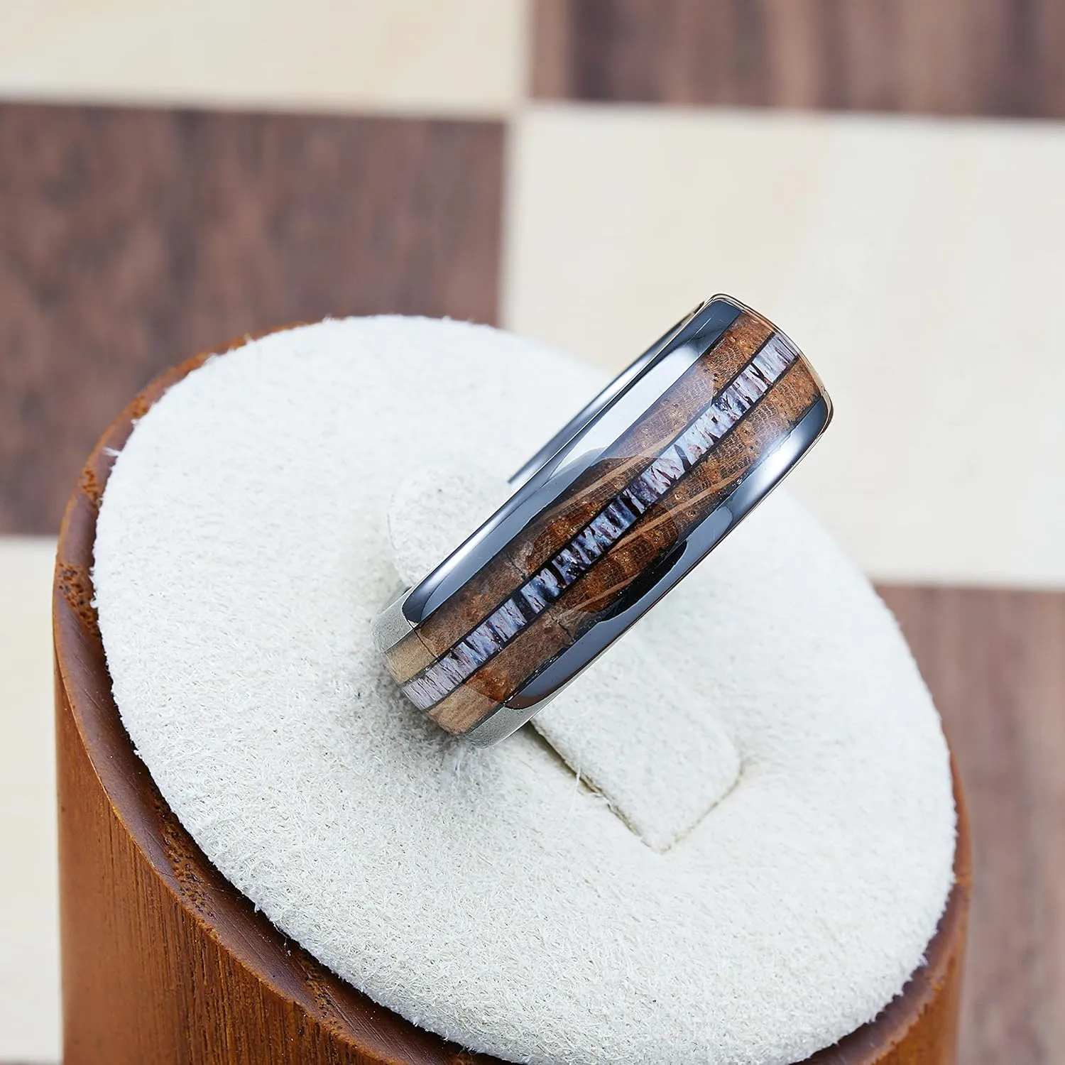 100S JEWELRY Gunmetal Gray Tungsten Rings For Men Whiskey Barrel Wood & Elk Antler Inlay Wedding Promise Engagement Band Size 6-16