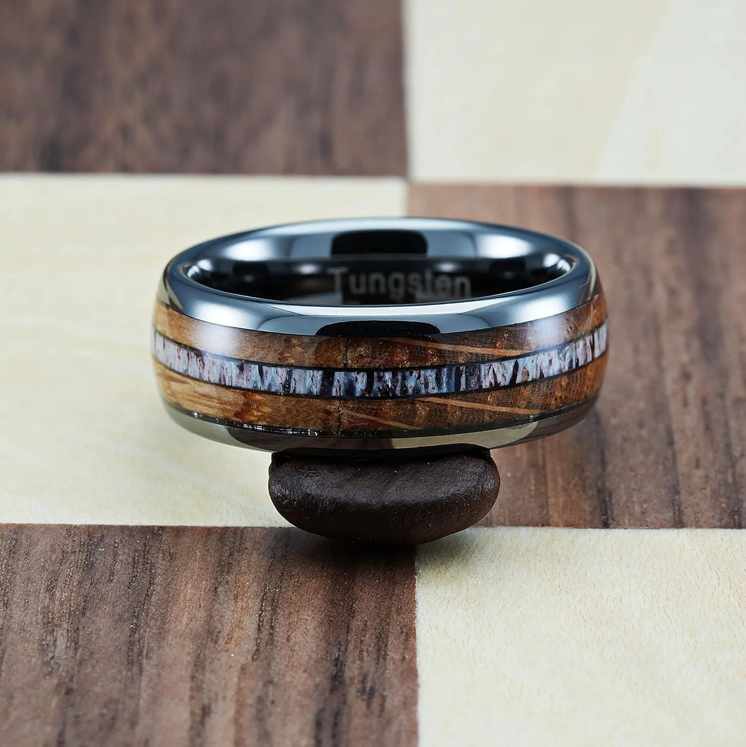 100S JEWELRY Gunmetal Gray Tungsten Rings For Men Whiskey Barrel Wood & Elk Antler Inlay Wedding Promise Engagement Band Size 6-16