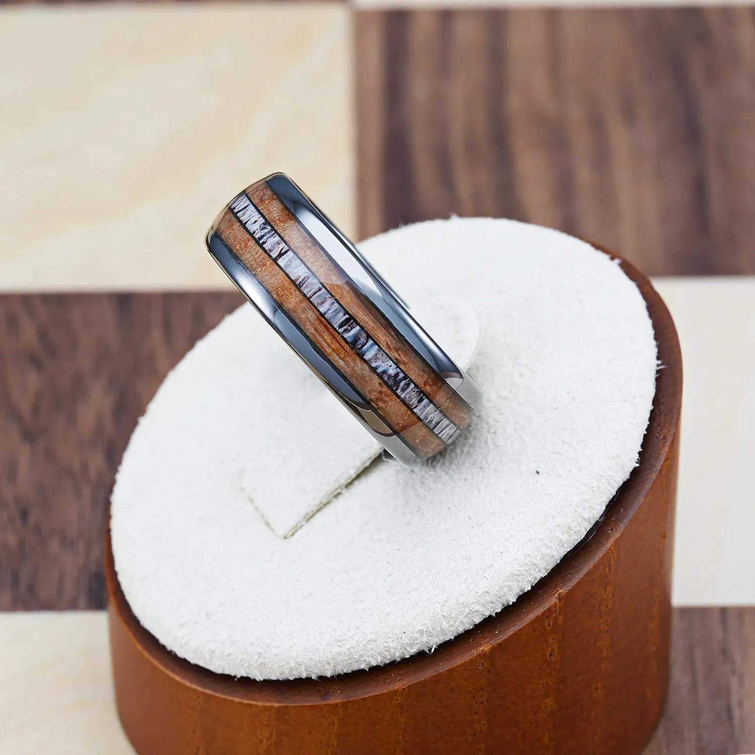 100S JEWELRY Gunmetal Gray Tungsten Rings For Men Whiskey Barrel Wood & Elk Antler Inlay Wedding Promise Engagement Band Size 6-16