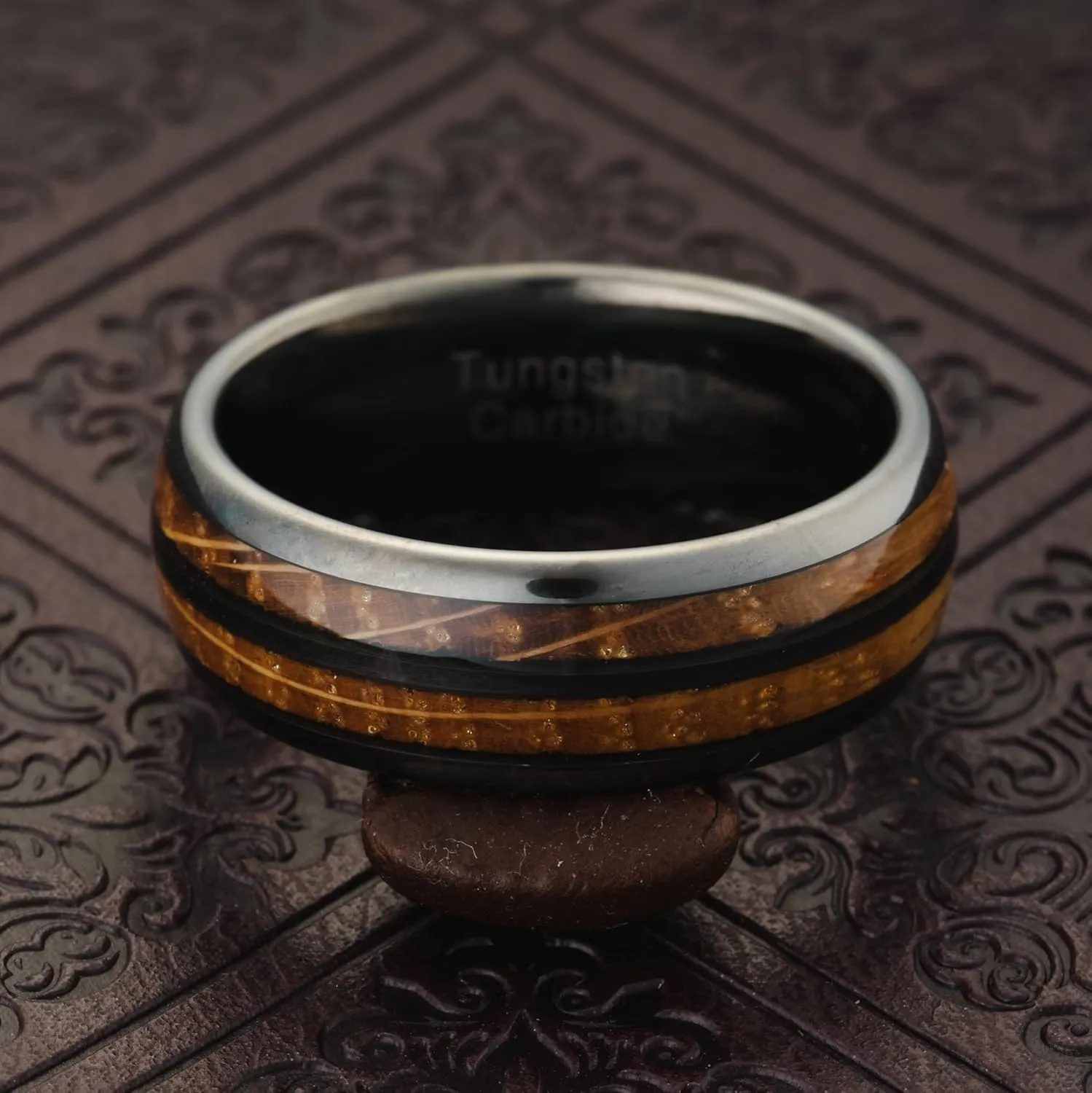 100S JEWELRY Gunmetal Gray Tungsten Rings For Men whiskey barrel Wood grain Inlay wooden Wedding Promise Engagement Band Size 6-16