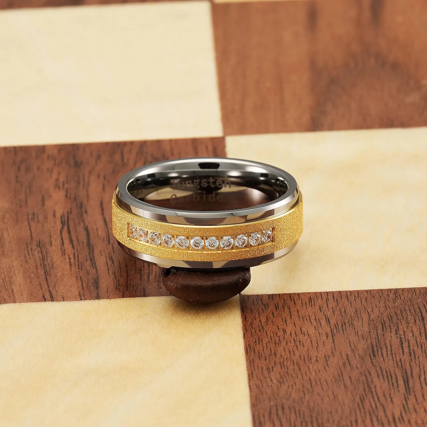 100S JEWELRY Men's 14k Gold Sandblast Bling Tungsten Ring with Cubic Zirconia CZ Perfect Band for Wedding Engagement Promise and Everyday Wear