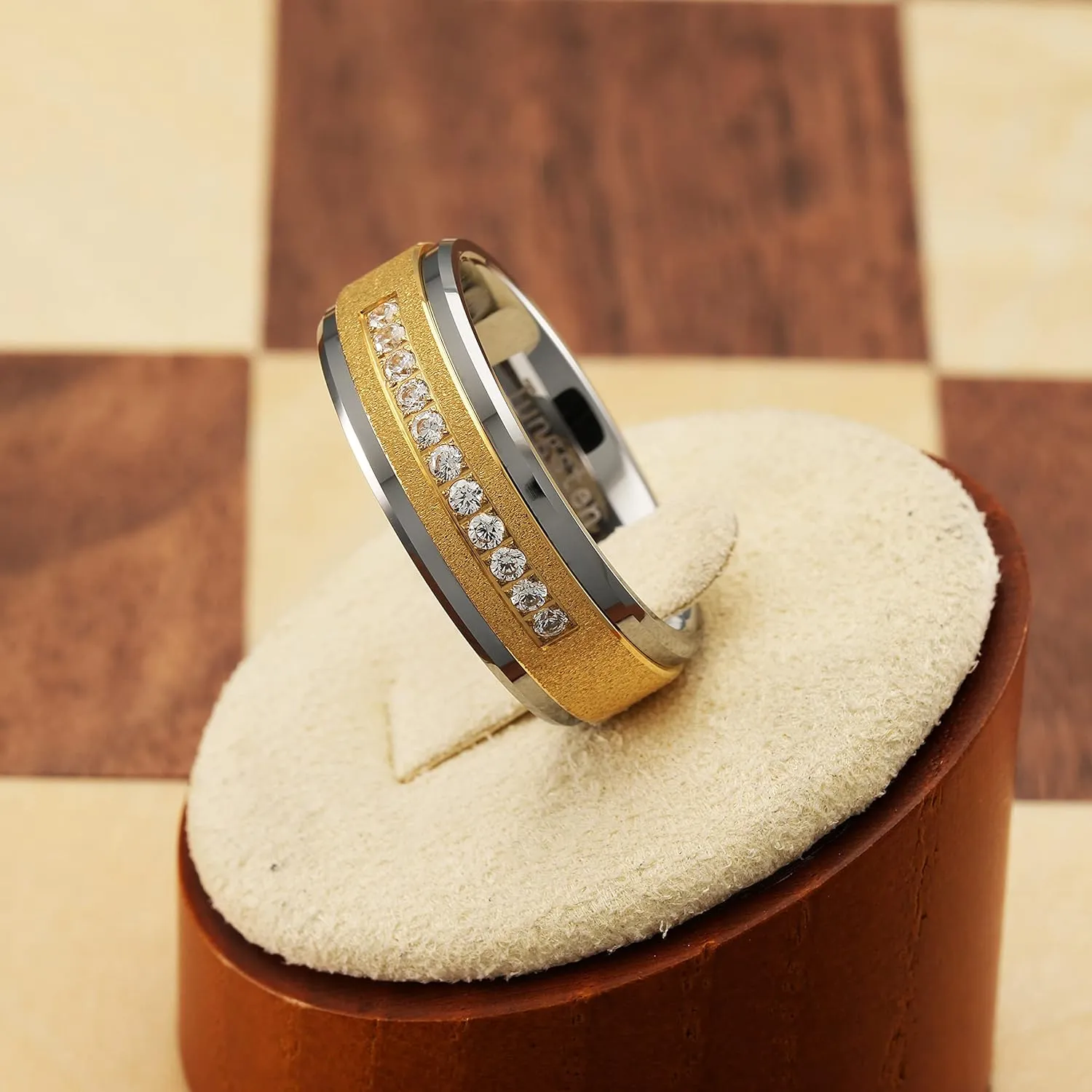 100S JEWELRY Men's 14k Gold Sandblast Bling Tungsten Ring with Cubic Zirconia CZ Perfect Band for Wedding Engagement Promise and Everyday Wear