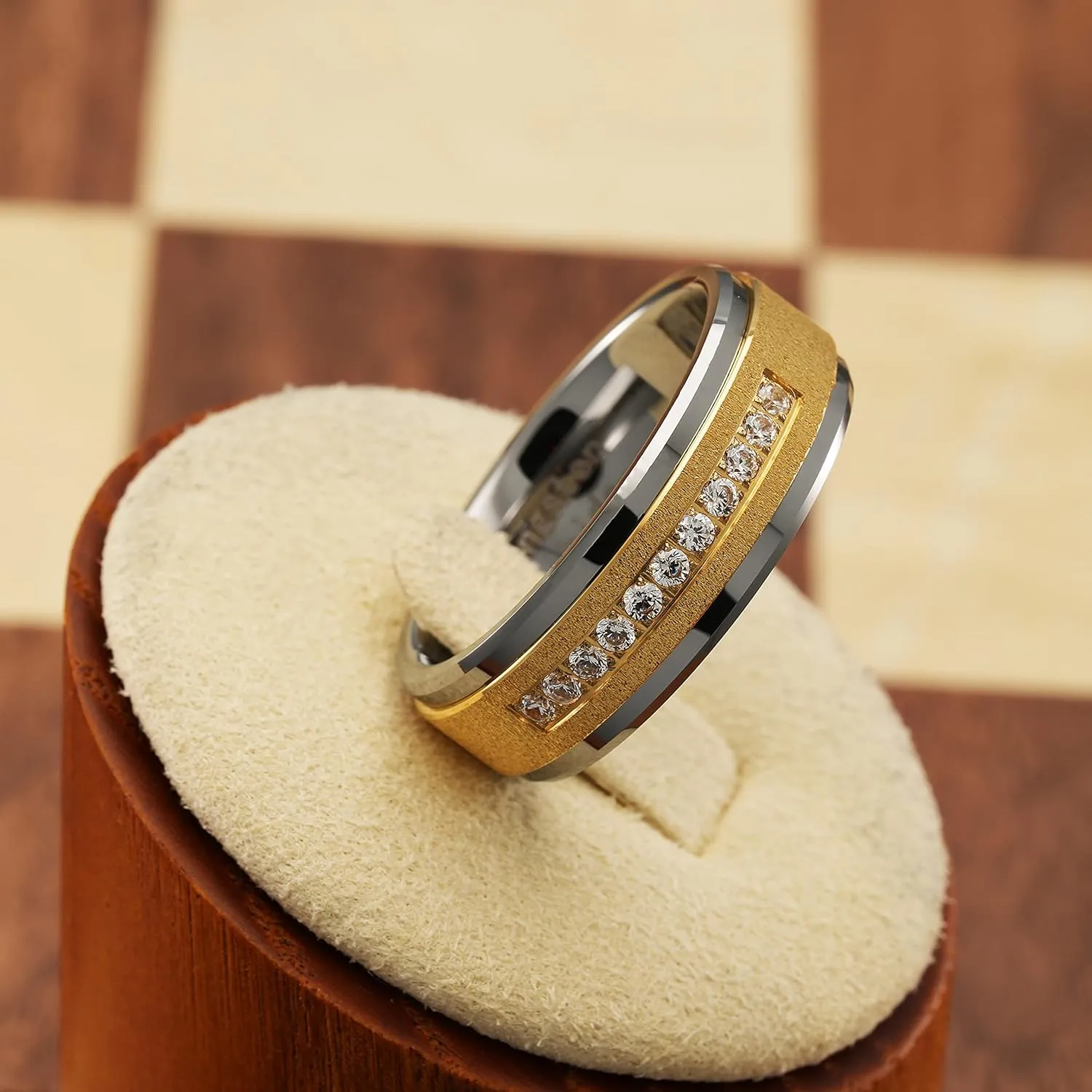 100S JEWELRY Men's 14k Gold Sandblast Bling Tungsten Ring with Cubic Zirconia CZ Perfect Band for Wedding Engagement Promise and Everyday Wear