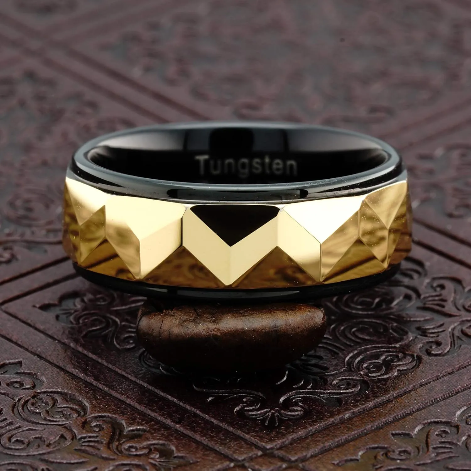 100S JEWELRY Personalized Engraved Tungsten Rings for Men Women Wedding Band Gold Faceted Black Step Edge Sizes 6-16