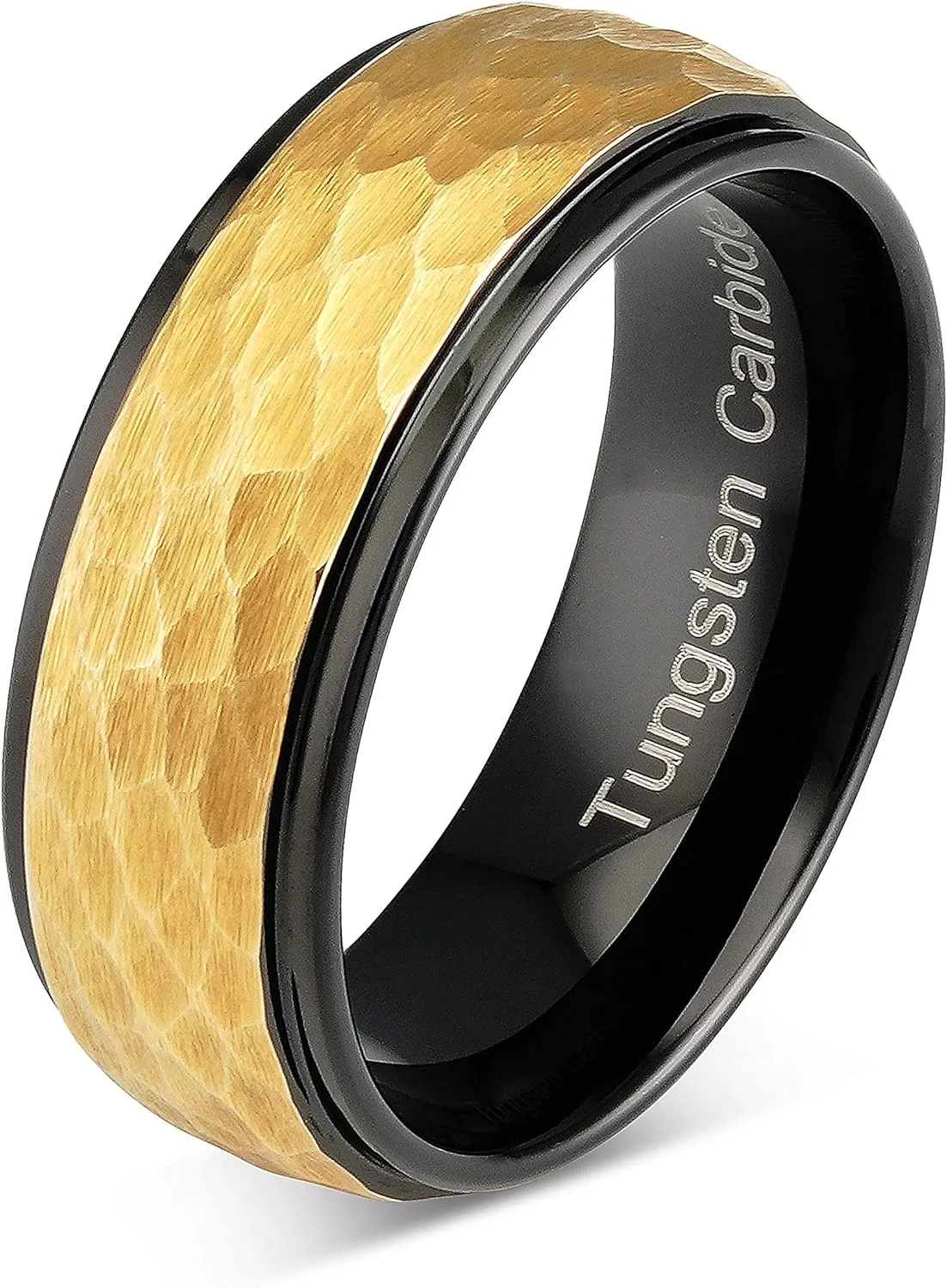100S JEWELRY Tungsten Ring for Men Wedding Band Two Tone Black Gold Hammer Forged Size 6-16