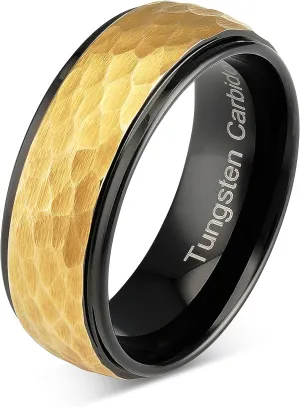 100S JEWELRY Tungsten Ring for Men Wedding Band Two Tone Black Gold Hammer Forged Size 6-16