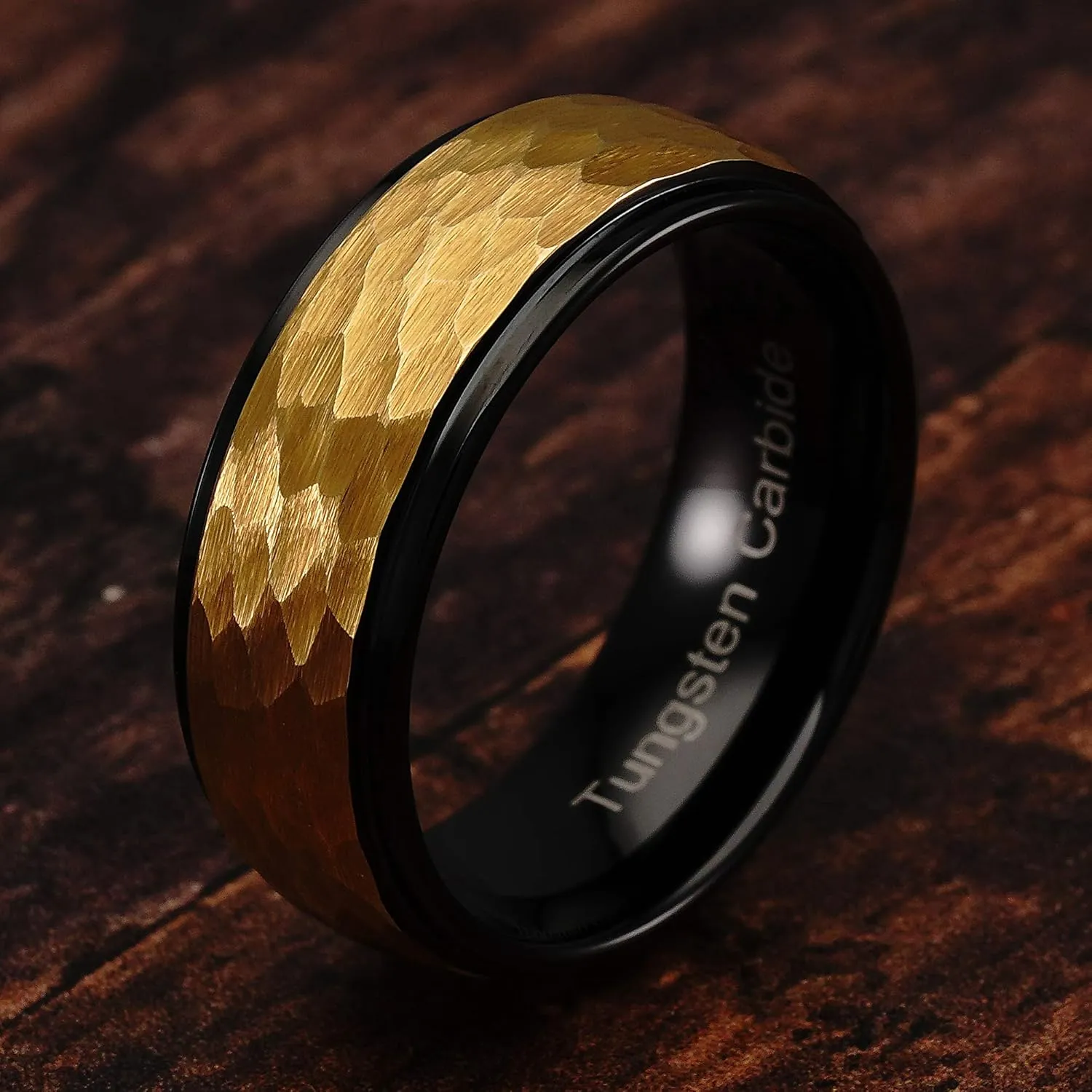 100S JEWELRY Tungsten Ring for Men Wedding Band Two Tone Black Gold Hammer Forged Size 6-16