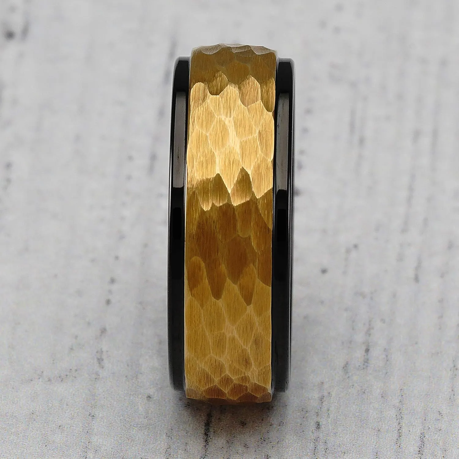 100S JEWELRY Tungsten Ring for Men Wedding Band Two Tone Black Gold Hammer Forged Size 6-16