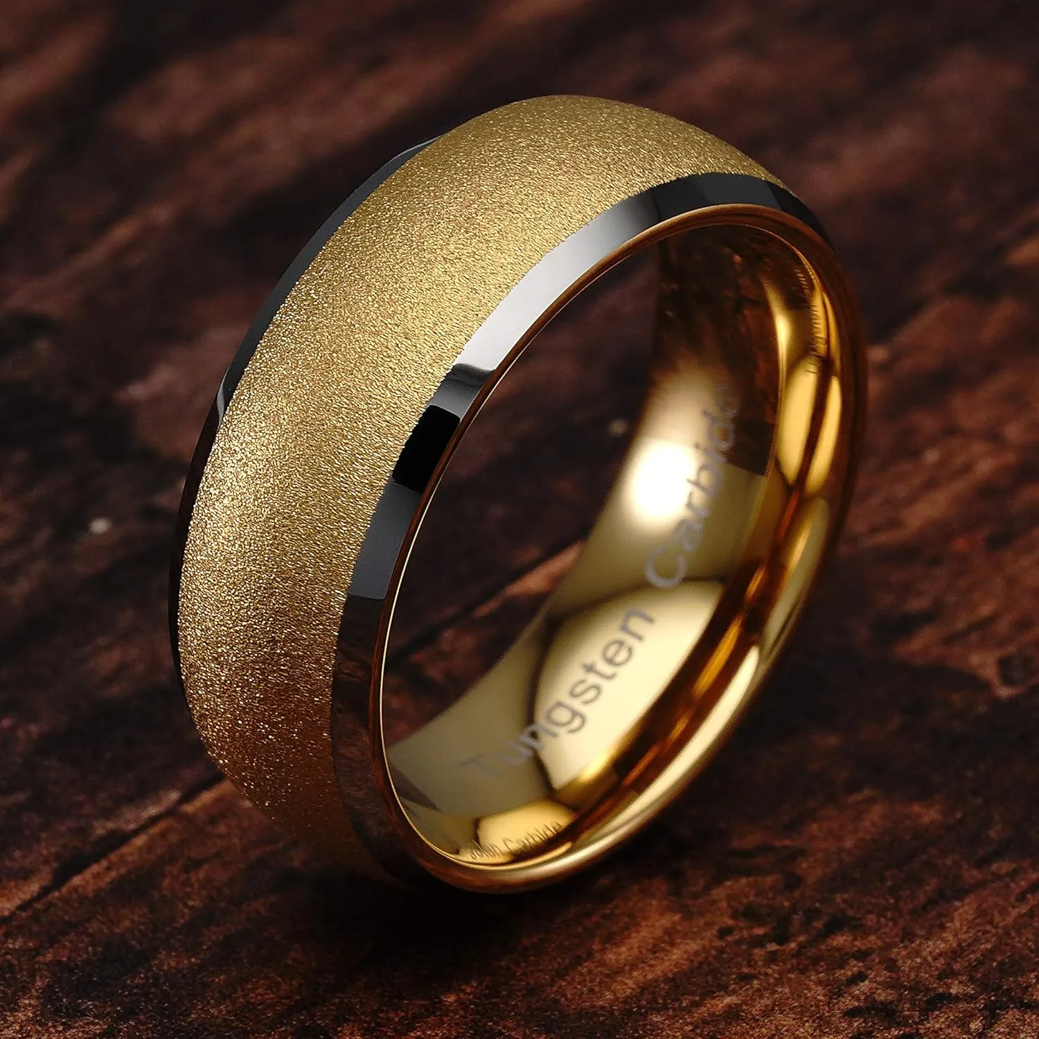 100S JEWELRY Tungsten Rings For Men Women Gold Wedding Band SandBlasted Silver Edge Sizes 6-16
