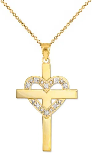 10K Yellow Gold 1/20 Cttw Diamond Studded Heart Cross Pendant Necklace with Rolo Chain (G-H Color, SI1-SI2 Clarity) - 16"