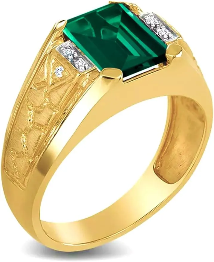 10K/14K/18K Gold 2CT Emerald-Shaped Men's Gemstone Ring,Sapphire/Ruby/Emerald/Black Onyx Luxury Signet Anniversary Rings Engagement Rings Handmade Jewelry for Man Him Father Size 4-16