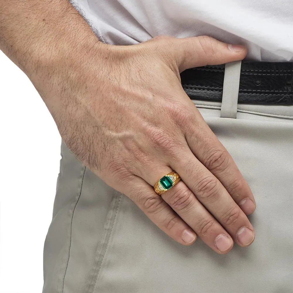 10K/14K/18K Gold 2CT Emerald-Shaped Men's Gemstone Ring,Sapphire/Ruby/Emerald/Black Onyx Luxury Signet Anniversary Rings Engagement Rings Handmade Jewelry for Man Him Father Size 4-16