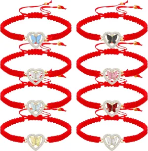 10Pieces Heart Crystal Rhinestone Butterfly Bracelets Adjustable String Cute Butterfly Charm Red Woven Rope Friendship Bracelet for Women Fairy Party Favor
