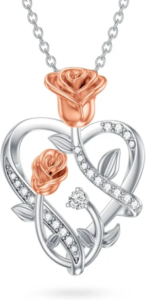 1/14 Carat Diamond Rose Heart Necklace for Women 925 Sterling Silver Two Rose Flower Pendant Necklaces 18K Gold Plated Fine Jewelry