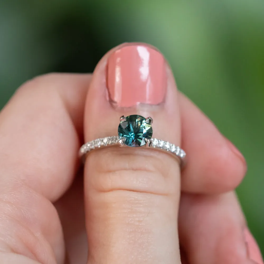 1.15ct Teal-Color Shifting Madagascar Sapphire Four Prong Solitaire with French Diamonds in Platinum