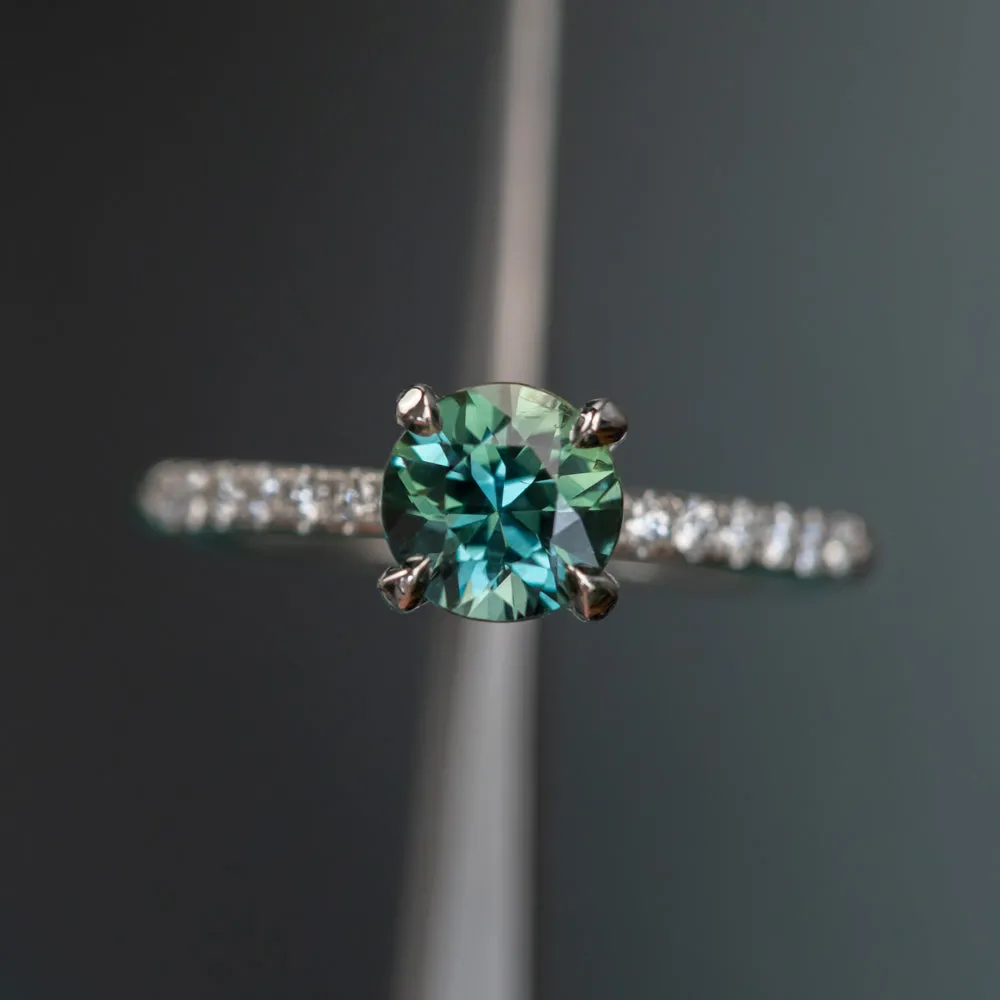1.15ct Teal-Color Shifting Madagascar Sapphire Four Prong Solitaire with French Diamonds in Platinum