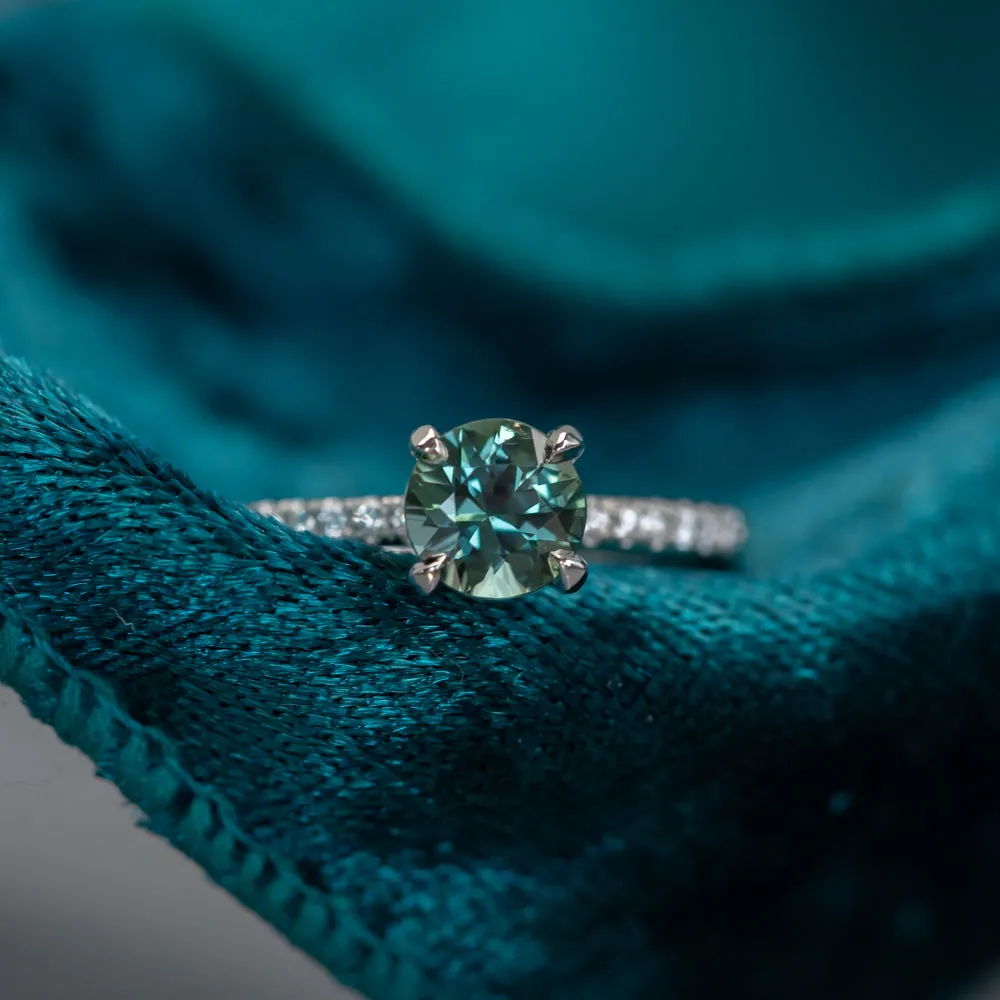 1.15ct Teal-Color Shifting Madagascar Sapphire Four Prong Solitaire with French Diamonds in Platinum