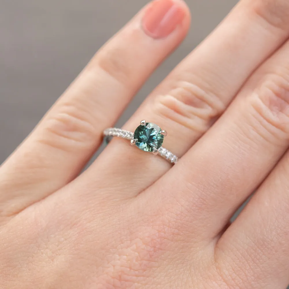 1.15ct Teal-Color Shifting Madagascar Sapphire Four Prong Solitaire with French Diamonds in Platinum