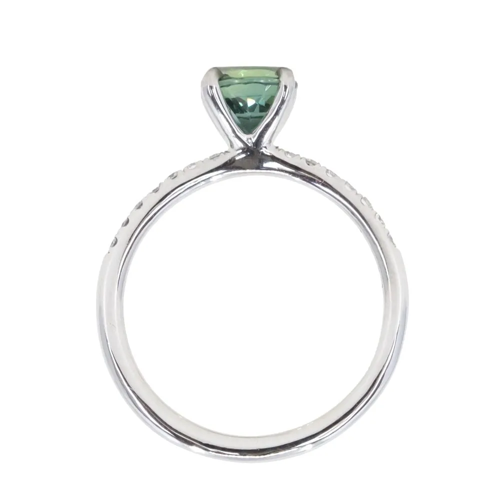 1.15ct Teal-Color Shifting Madagascar Sapphire Four Prong Solitaire with French Diamonds in Platinum